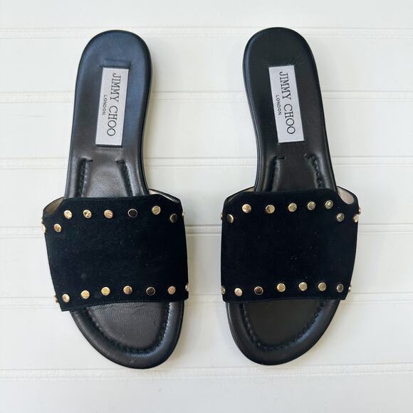 Jimmy Choo Nanda Black Suede Studded Flat Slide Sandals Women’s Designer 37 - Picture 1 of 7